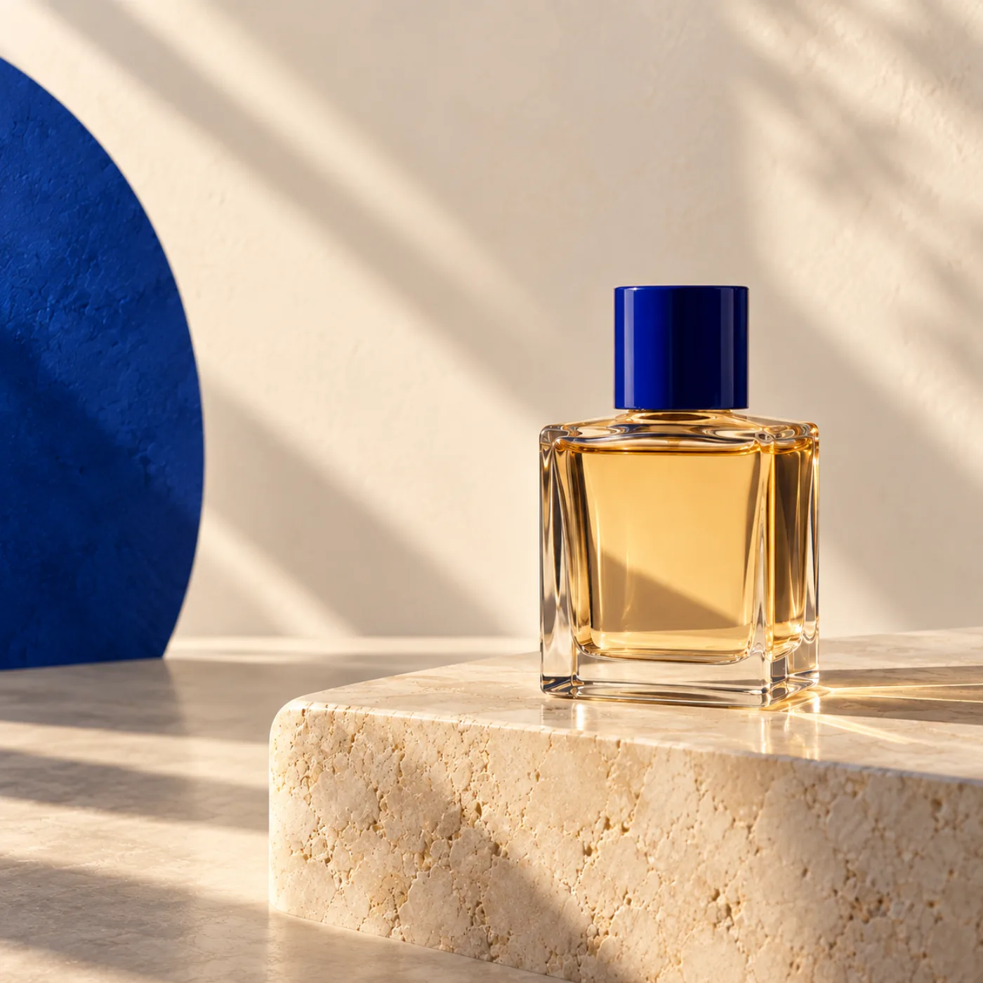 تصور فني لعبوة عطر تخيلية بغطاء أزرق على قاعدة حجرية تحت ضوء الشمس